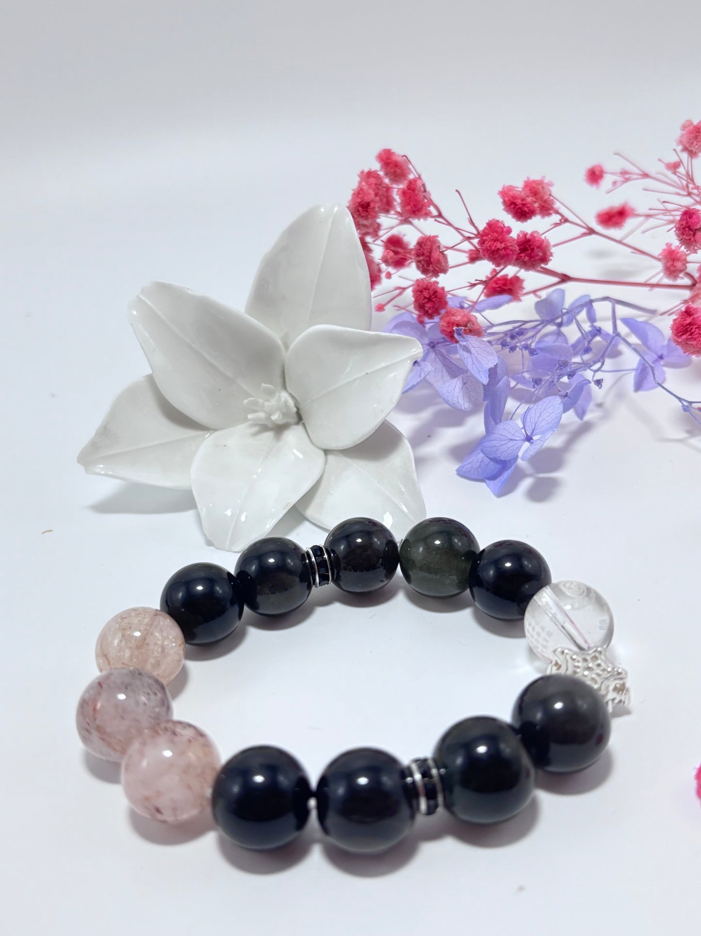 Obsidian，Black Rutile Quartz，Kunzite Crystal Bracelets