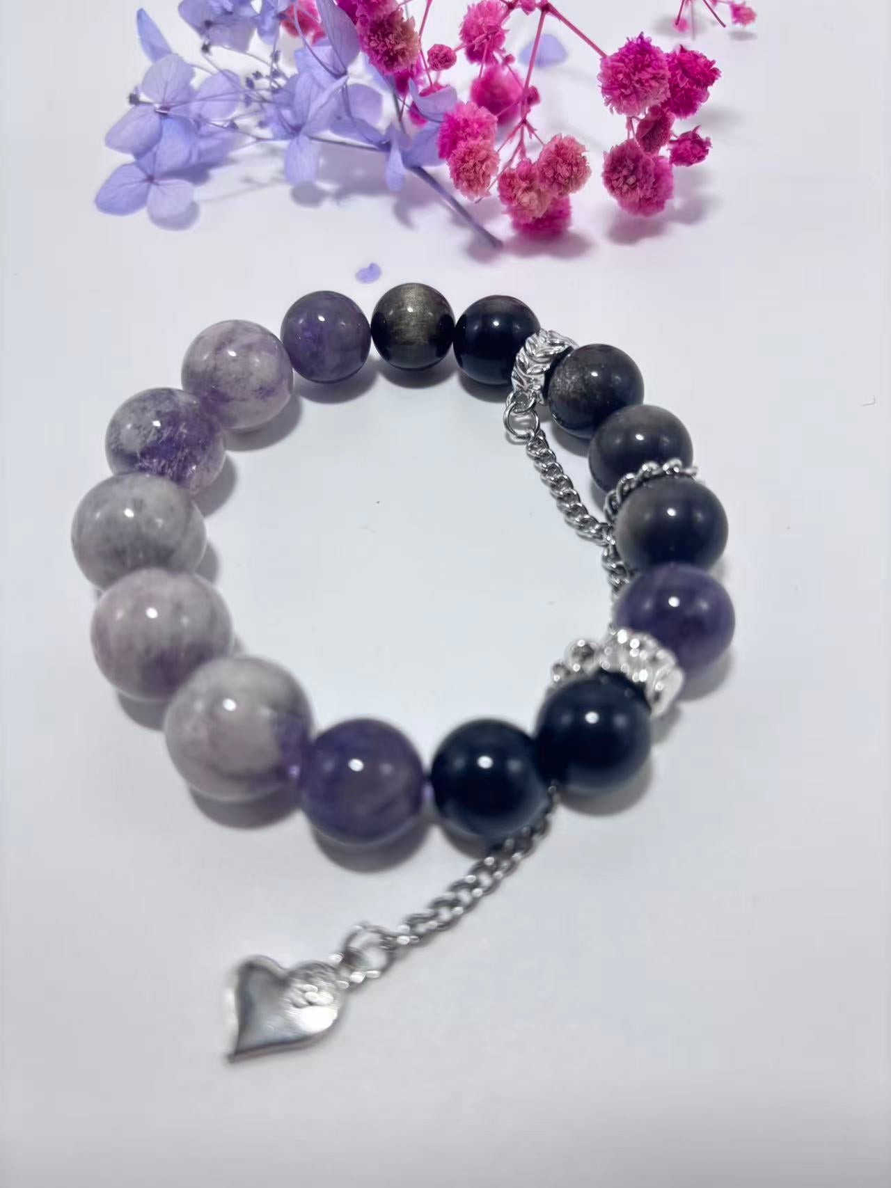 Obsidian，Black Rutile Quartz，Kunzite Crystal Bracelets